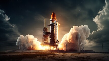 The intense liftoff of a space shuttle against an early evening sky underlines the triumph of innovation and exploration
