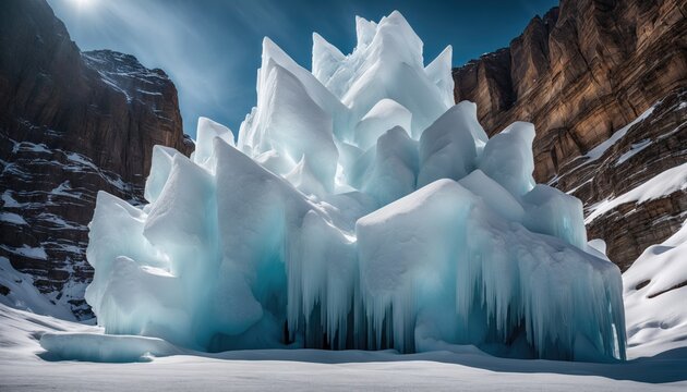frozen castle-like structure made of ice, with icicles hanging from it, stands in the middle of a snowy field. It is surrounded by tall cliffs and mountains.