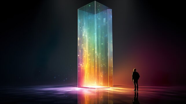 A solitary figure stands before an illuminated monolith surrounded by mist and cosmic particles, evoking wonder