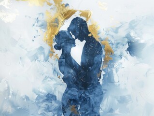An artistic depiction of a couple embracing each other done in the style of watercolor