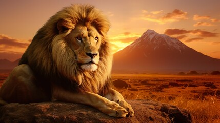 The image captures the serene moment of a lion resting on a rock with the iconic Mount Kilimanjaro in the distance at sunset