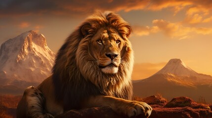 This striking image showcases a lion gazing intently across a fiery landscape invoking a feeling of mystery and wonder