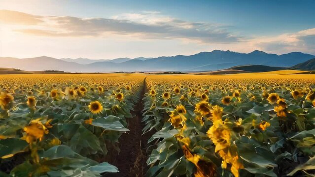 Sunflower Sunset Meadow: A picturesque landscape showcasing a vibrant field of sunflowers under the golden glow of a summer sunset
