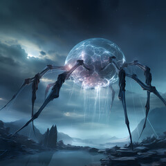 Giant crystal spider weaving a web in the sky. 