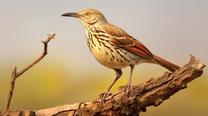 An alert look of a brown thrasher bird perched on a branch against a soft yellow backdrop