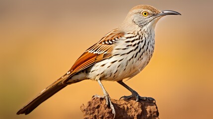Fototapeta premium A close-up of a brown thrasher bird focusing intently, with a rich golden background
