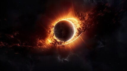 A stunning visual depicting an astronomical solar eclipse with vivid solar flares around the shadowed moon