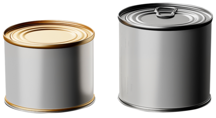 set of Food tin aluminum grey can PNG isolated on white and transparent background - Food cylinder metal can container mockup food packaging and storage template 