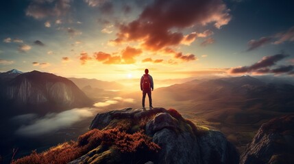 A lone hiker stands contemplative on a summit, beholding the resplendent sunrise over a sprawling mountain landscape