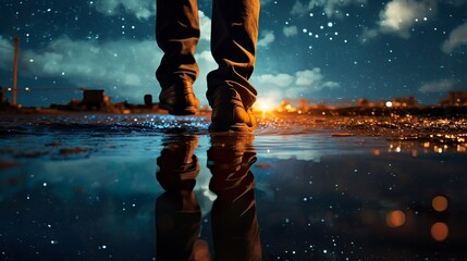 A person's silhouette is mirrored in a night puddle with gleaming street lights and a vibrant city...