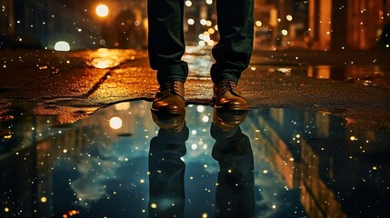 Glowing city lights and stunning night sky reflect on the glossy street as a person walks away