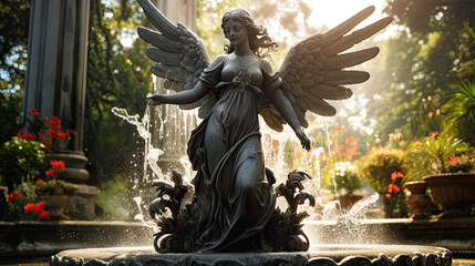 A beautiful very detailed statue of a woman with angel.