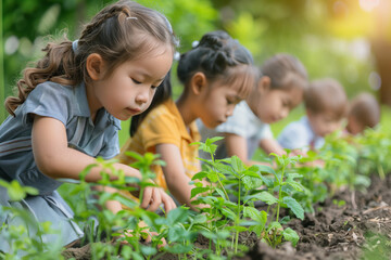 a group of children from different backgrounds work together in a school garden, teamwork and learning about growing plants and caring for the environment.