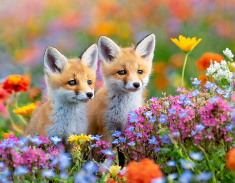 Jeunes renards qui jouent dans un champ de fleurs color&eacute;es