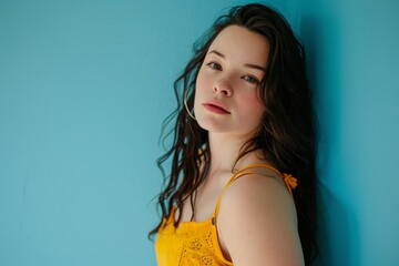 Portrait of a beautiful girl in a yellow dress on a blue background