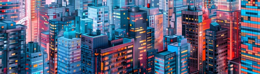 A pixel art representation of a bustling city skyline with hidden layers of Edge Computing infrastructure woven into the architecture
