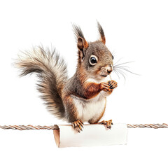 Fototapeta premium Playful squirrel balances on a bookmark as a tightrope, nibbling on food, isolated on transparent background.