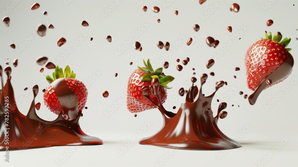 Poster a bunch of ripe strawberries dipped in chocolate d style isolated flying objects memphis style d ren