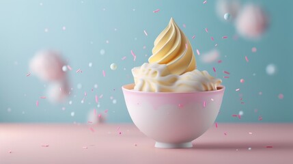A bowl of creamy vanilla ice cream  d style isolated flying objects memphis style d render   AI generated illustration