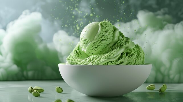 A bowl of creamy pistachio gelato  d style isolated flying objects memphis style d render   AI generated illustration