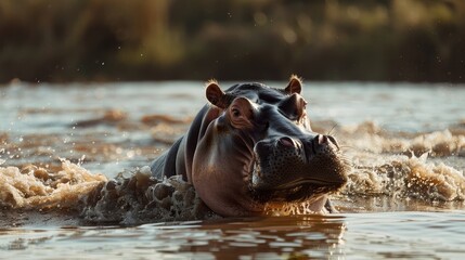 Fototapeta premium A chubby hippo enjoying a leisurely swim in a cool river its massive form moving gracefully through the water AI generated illustration