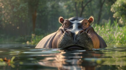 A chubby hippo lazily floating down a gentle river its massive form beautifully animated in D   AI generated illustration - obrazy, fototapety, plakaty