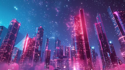 Obraz premium A cityscape of towering skyscrapers on a high-tech alien planet glowing with neon lights AI generated illustration