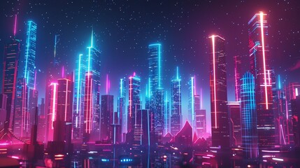 A cityscape of towering skyscrapers on a high-tech alien planet glowing with neon lights   AI generated illustration