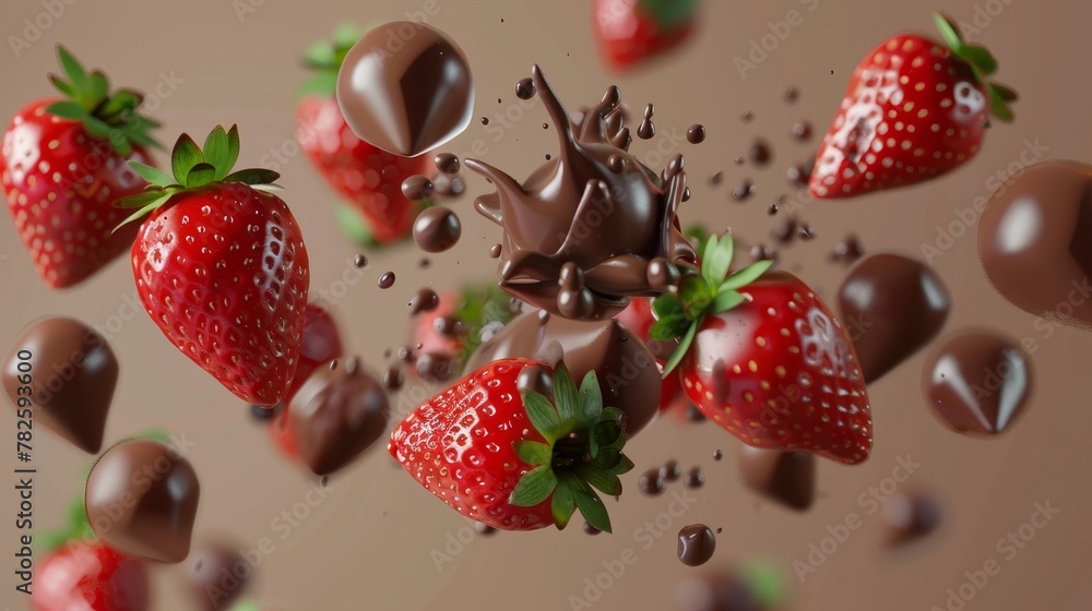 Poster a cluster of chocolate-covered strawberries d style isolated flying objects memphis style d render a
