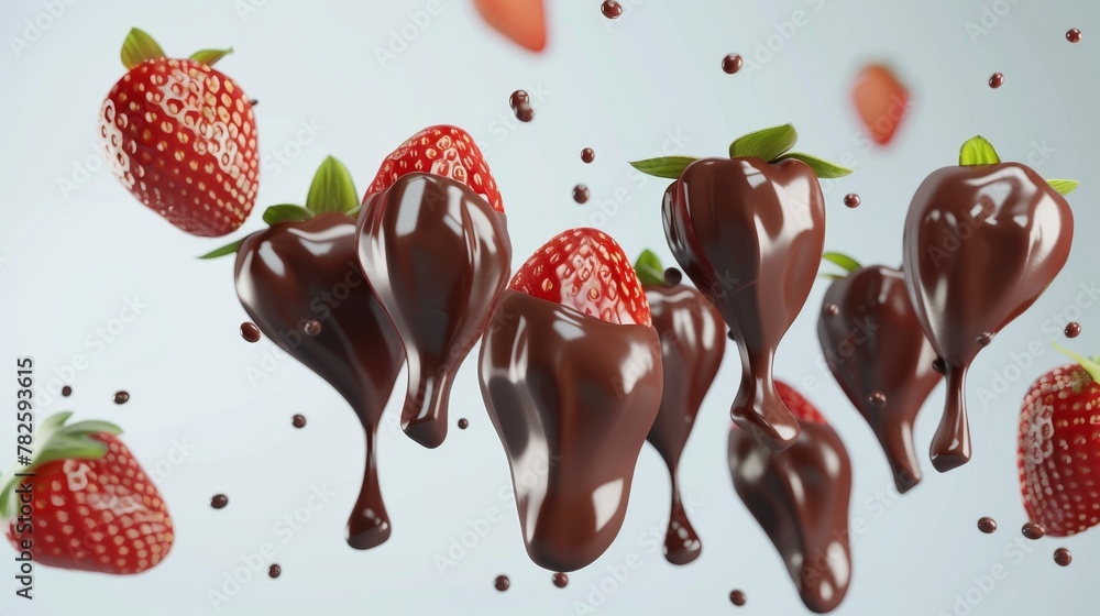 Poster a cluster of chocolate-covered strawberries d style isolated flying objects memphis style d render a