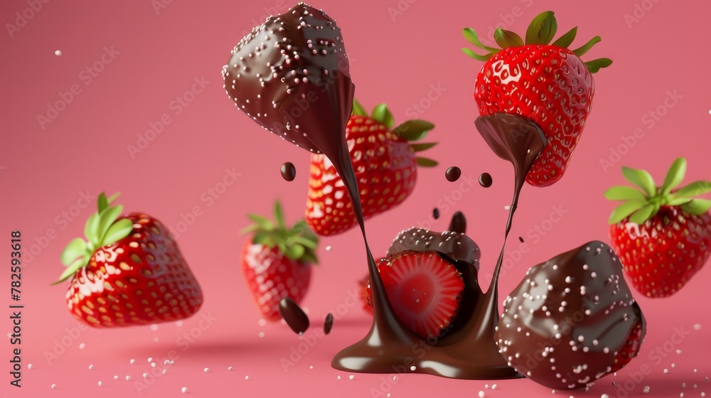 Poster a cluster of chocolate-covered strawberries d style isolated flying objects memphis style d render a