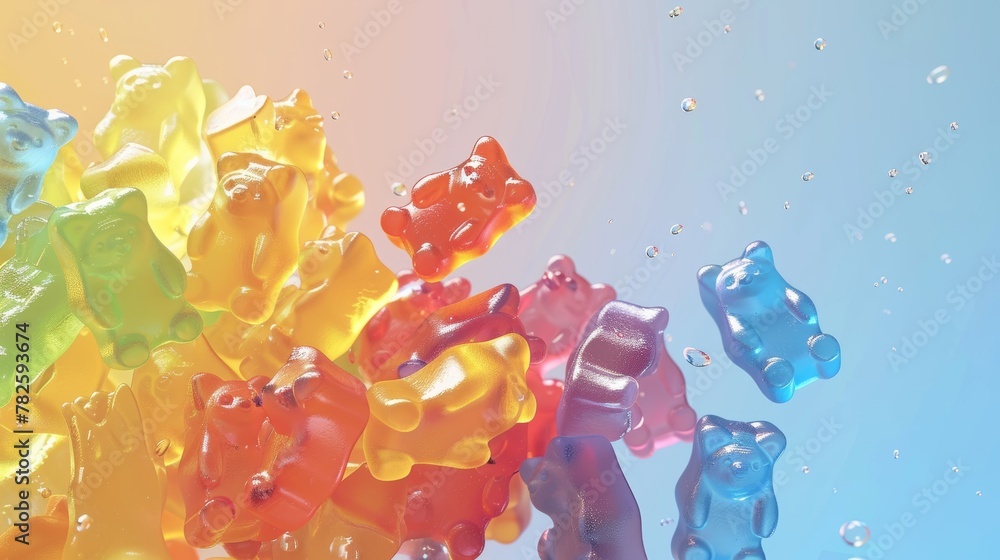 Poster a cluster of gummy bears in a rainbow of colors d style isolated flying objects memphis style d rend