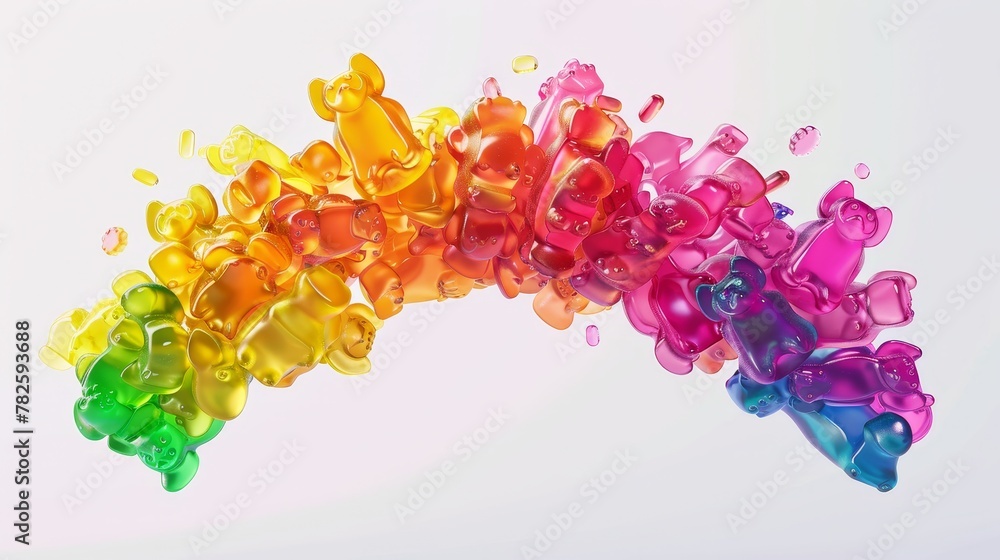 Poster A cluster of gummy bears in a rainbow of colors d style isolated flying objects memphis style d render   AI generated illustration