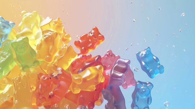 A cluster of gummy bears in a rainbow of colors d style isolated flying objects memphis style d render   AI generated illustration