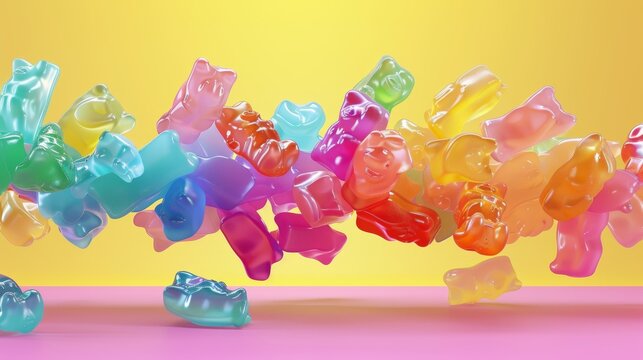 A cluster of gummy bears in a rainbow of colors d style isolated flying objects memphis style d render  AI generated illustration
