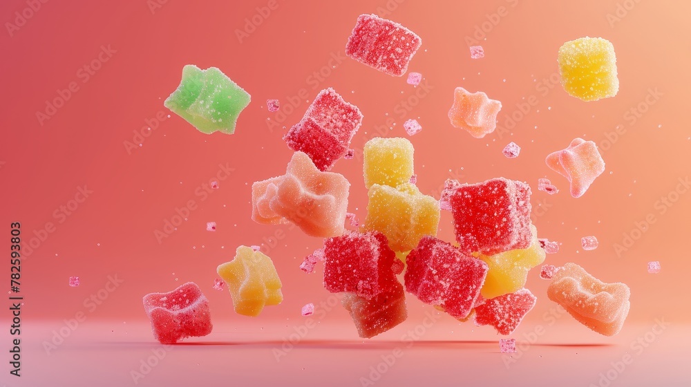Poster a cluster of sour gummy candies in a medley of colors d style isolated flying objects memphis style 