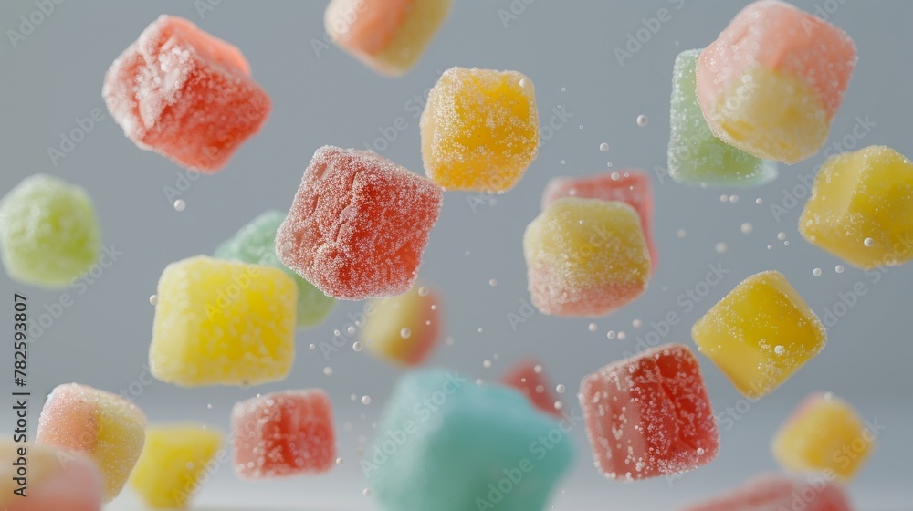 Poster a cluster of sour gummy candies in a medley of colors d style isolated flying objects memphis style 