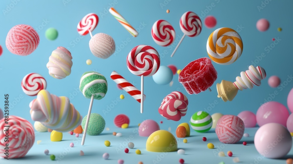 Poster a collection of assorted colorful candies d style isolated flying objects memphis style d render ai 