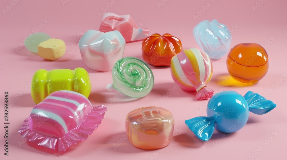 Poster a collection of assorted colorful candies d style isolated flying objects memphis style d render ai 