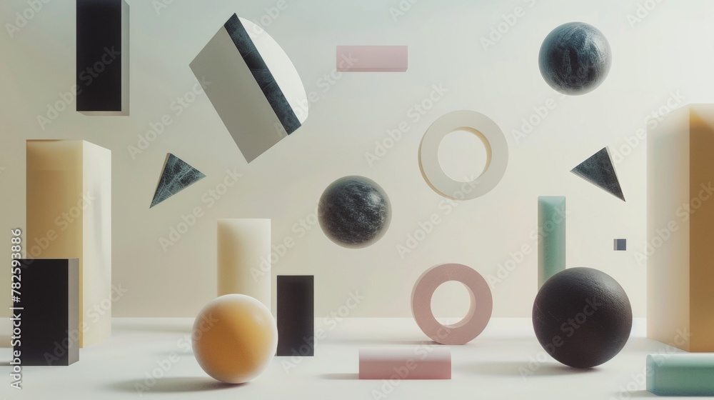 Poster a collection of floating geometric shapes in a monochromatic color scheme ai generated illustration