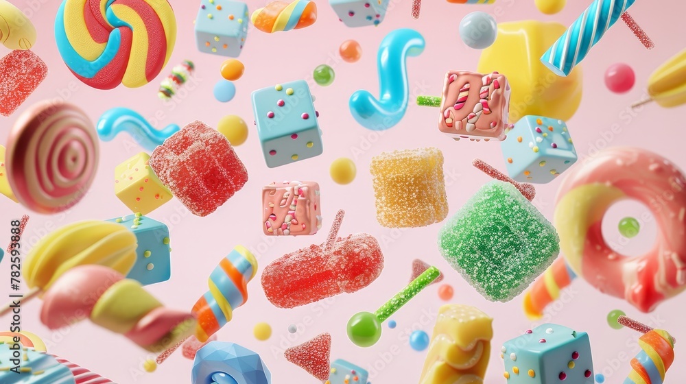 Poster a collection of assorted colorful candies d style isolated flying objects memphis style d render ai 