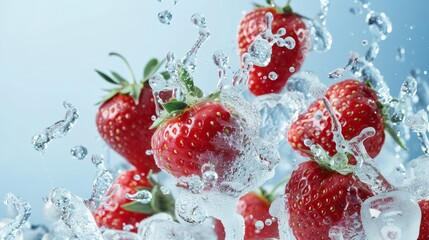 A cluster of strawberries floating in mid-air splashing with liquid and surrounded by ice   AI generated illustration