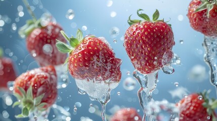 A cluster of strawberries suspended in mid-air surrounded by ice and water droplets   AI generated illustration