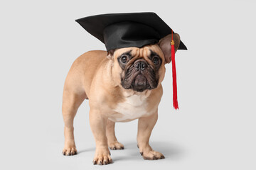 Cute French Bulldog in mortar board on grey background