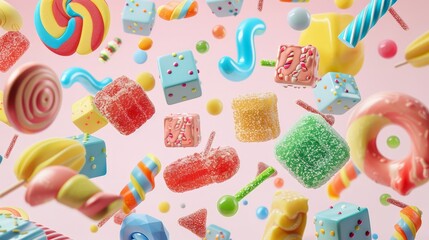 A collection of assorted colorful candies d style isolated flying objects memphis style d render   AI generated illustration - obrazy, fototapety, plakaty