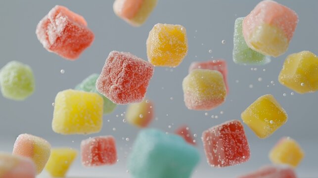 A cluster of sour gummy candies in a medley of colors d style isolated flying objects memphis style d render  AI generated illustration
