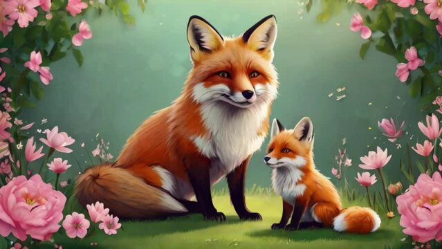 red fox in the grass, Mother’s Day with cute fox family created with generative ai 