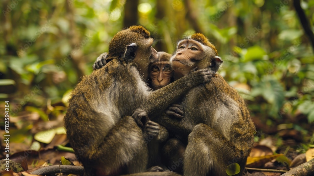 Poster a cuddly group of monkeys grooming each other in a tranquil rainforest setting ai generated illustra