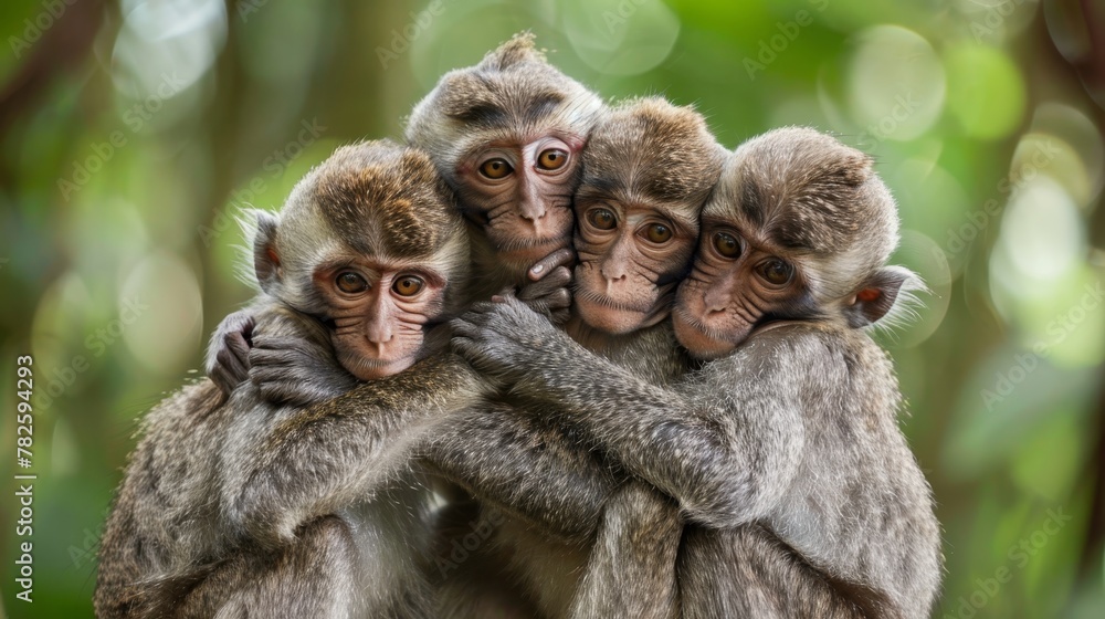 Poster a cuddly group of monkeys grooming each other in a tranquil rainforest setting ai generated illustra