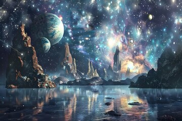 A beautiful space scene with a large body of water and a few planets